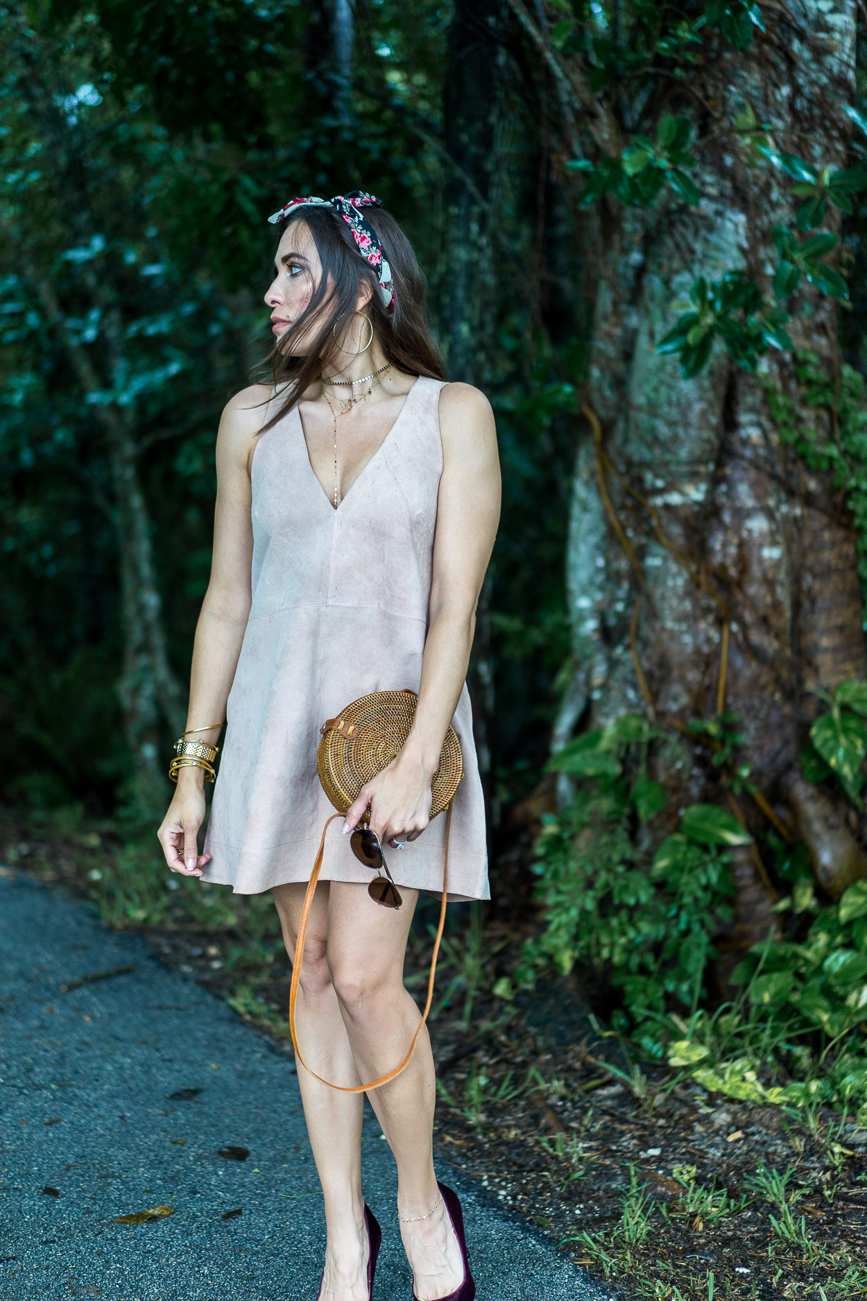 Summer boho glam in Free People retro love suede dress and Summer must haves like a round basket bag and floral bandana styled by Amanda of A Glam LIfestyle