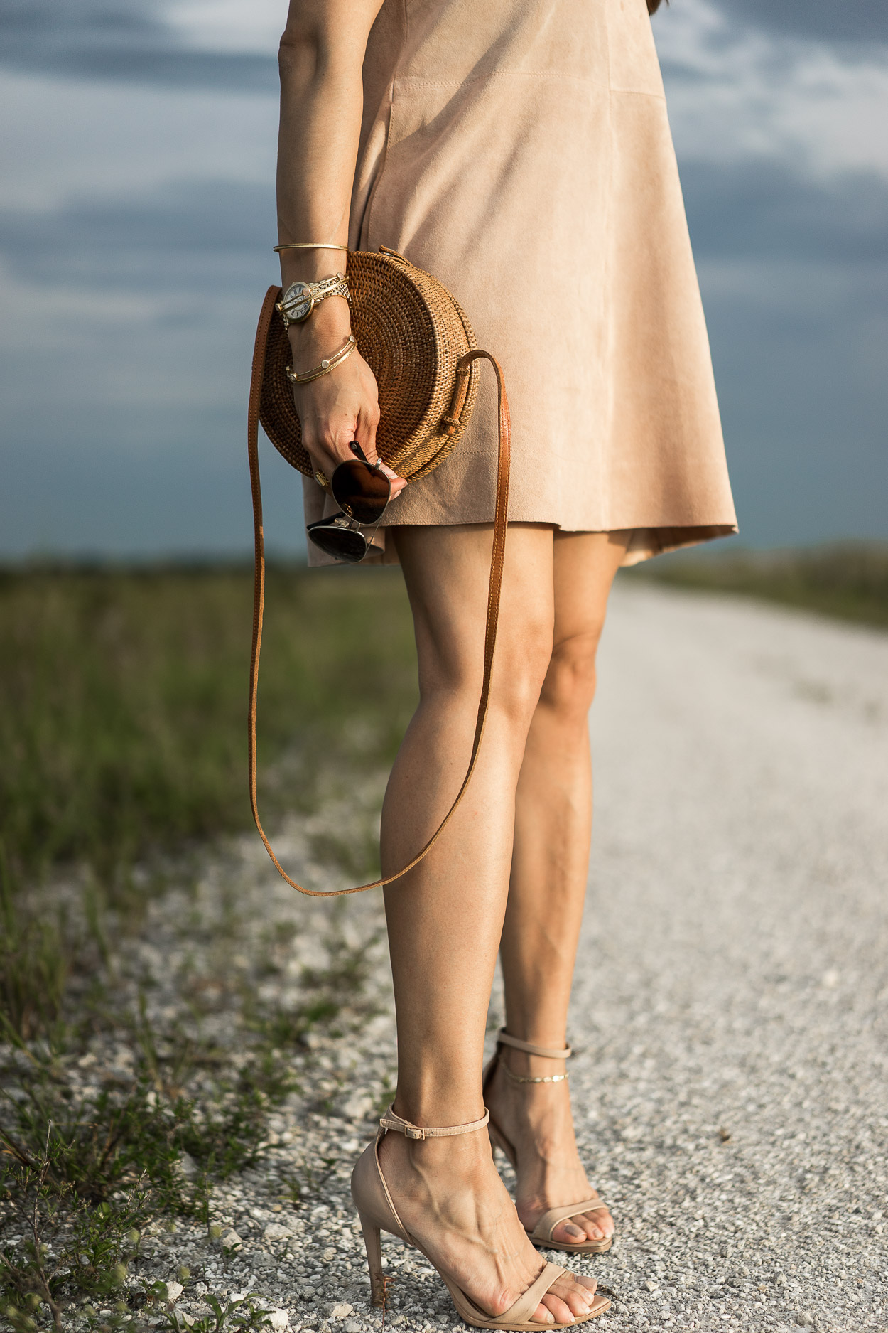 Blush suede dress and round basket bag are Summer must haves worn by AGlamLifestyle blogger Amanda