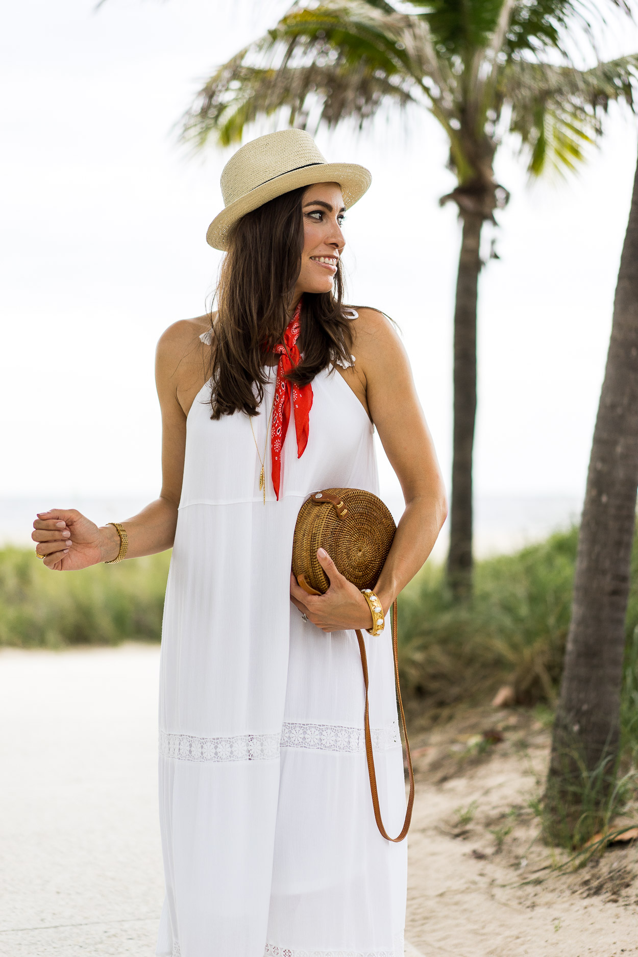 Summer fashion with #oldnavystyle worn by Amanda of A Glam Lifestyle blog in white crochet maxi dress and red bandana with straw hat