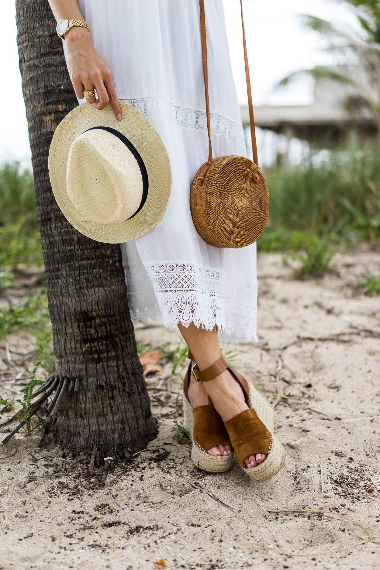 Easy summer style includes key pieces from Old Navy like this white crochet maxi dress and round basket bag with suede Marc Fisher espadrilles as worn by Amanda of A Glam Lifestyle blog