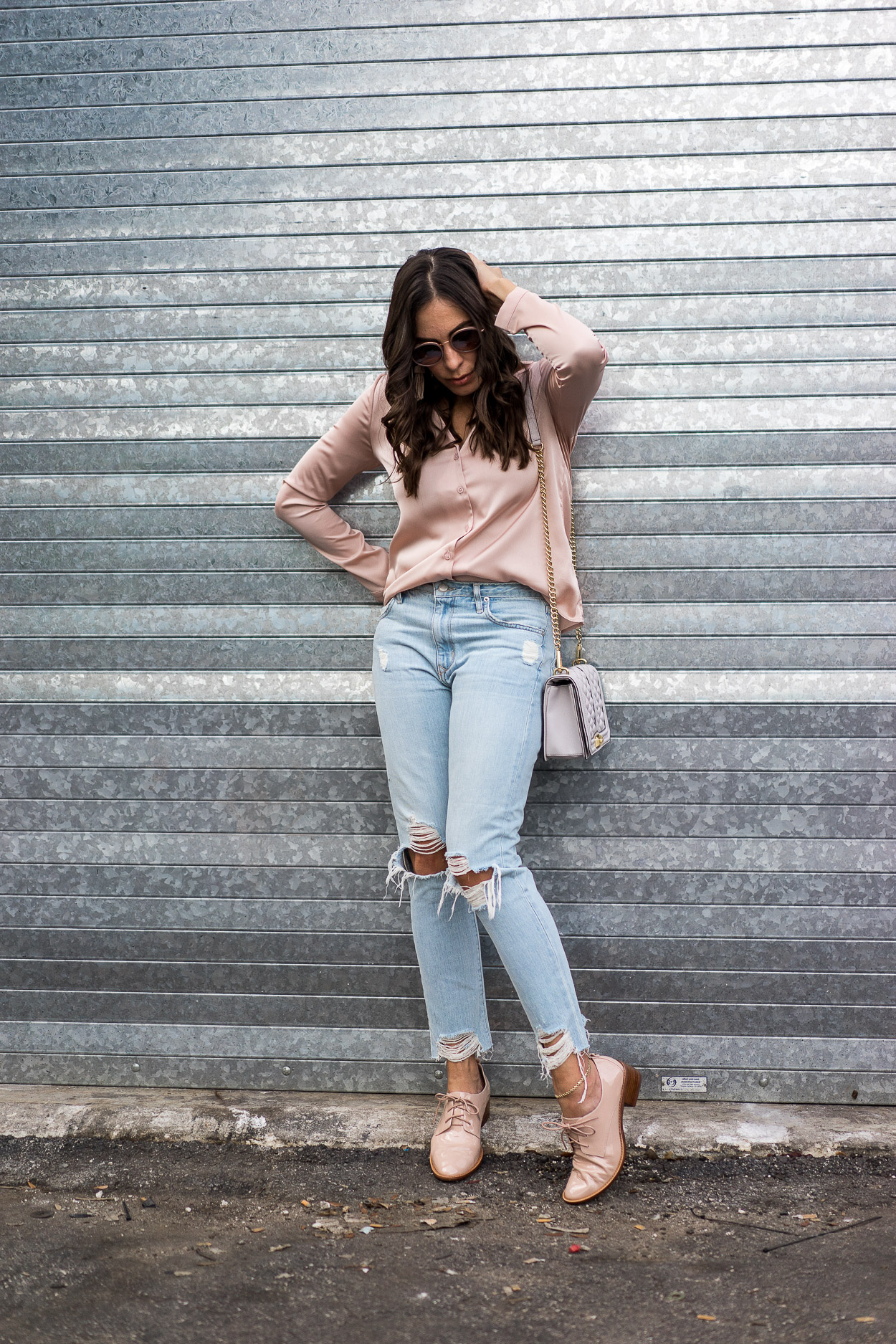 How to wear the pajama top trend - broken down and styled with Lovers + Friends distressed denim and Louise Et Cie oxfords from the Nordstrom Anniversary sale by blogger A Glam Lifestyle