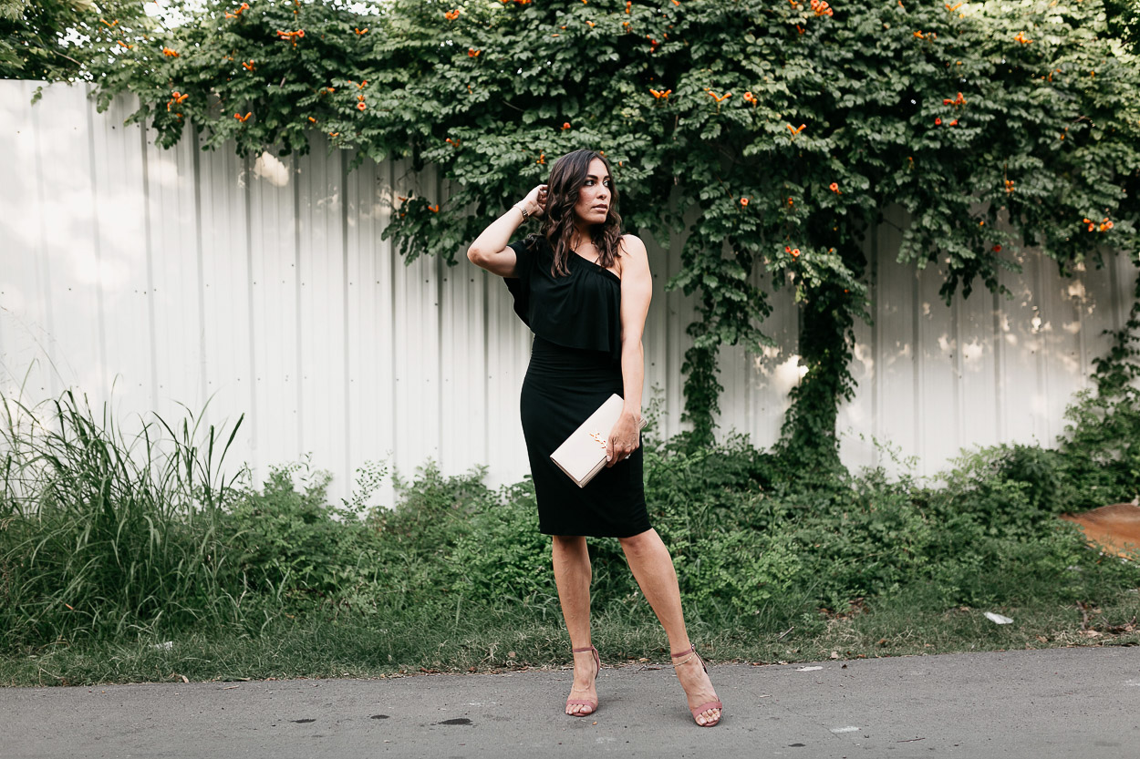 Date night is complete with this Three Dots black ruffle dress styled by A Glam Lifestyle blogger Amanda with YSL monogram clutch and Steve Madden mauve sandals