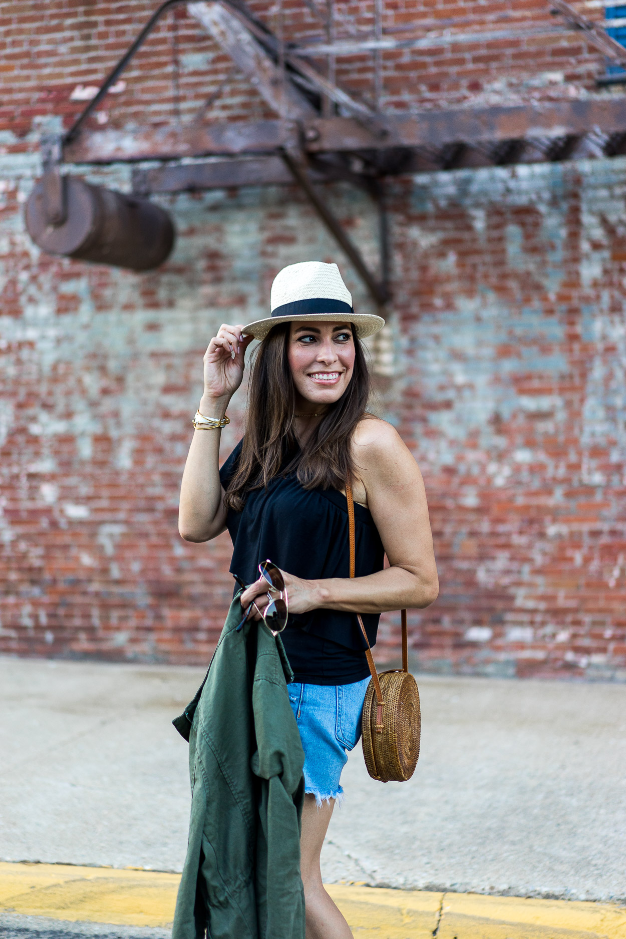 Perfect Summer fashion is this Three Dots black ruffled top with Utility jacket and fedora from Old Navy worn by AGlamLifestyle blogger Amanda
