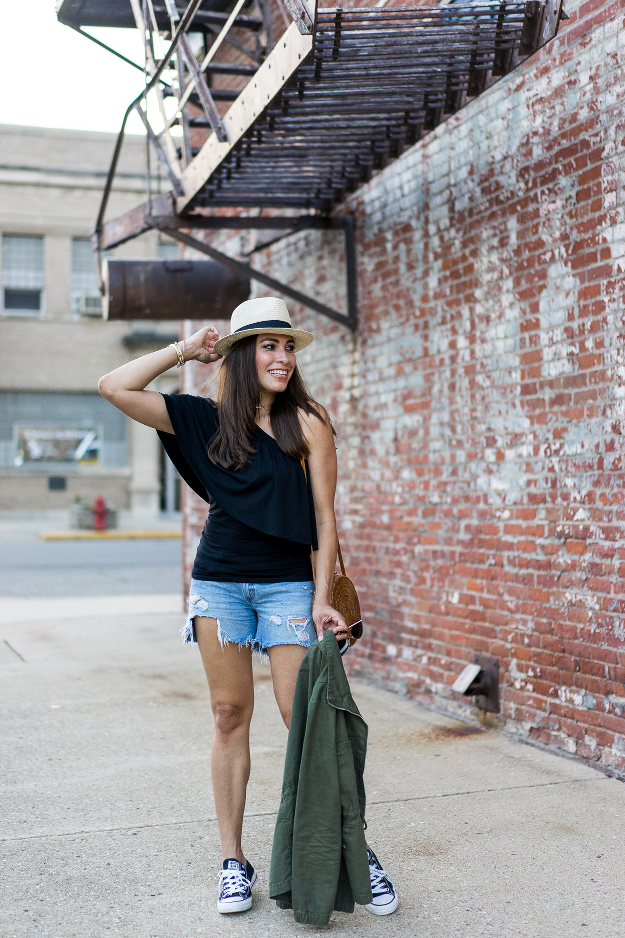 Three Dots one shoulder top is styled with Rag and Bone shorts and Old Navy utility jacket by fashion blogger Amanda of A Glam Lifestyle