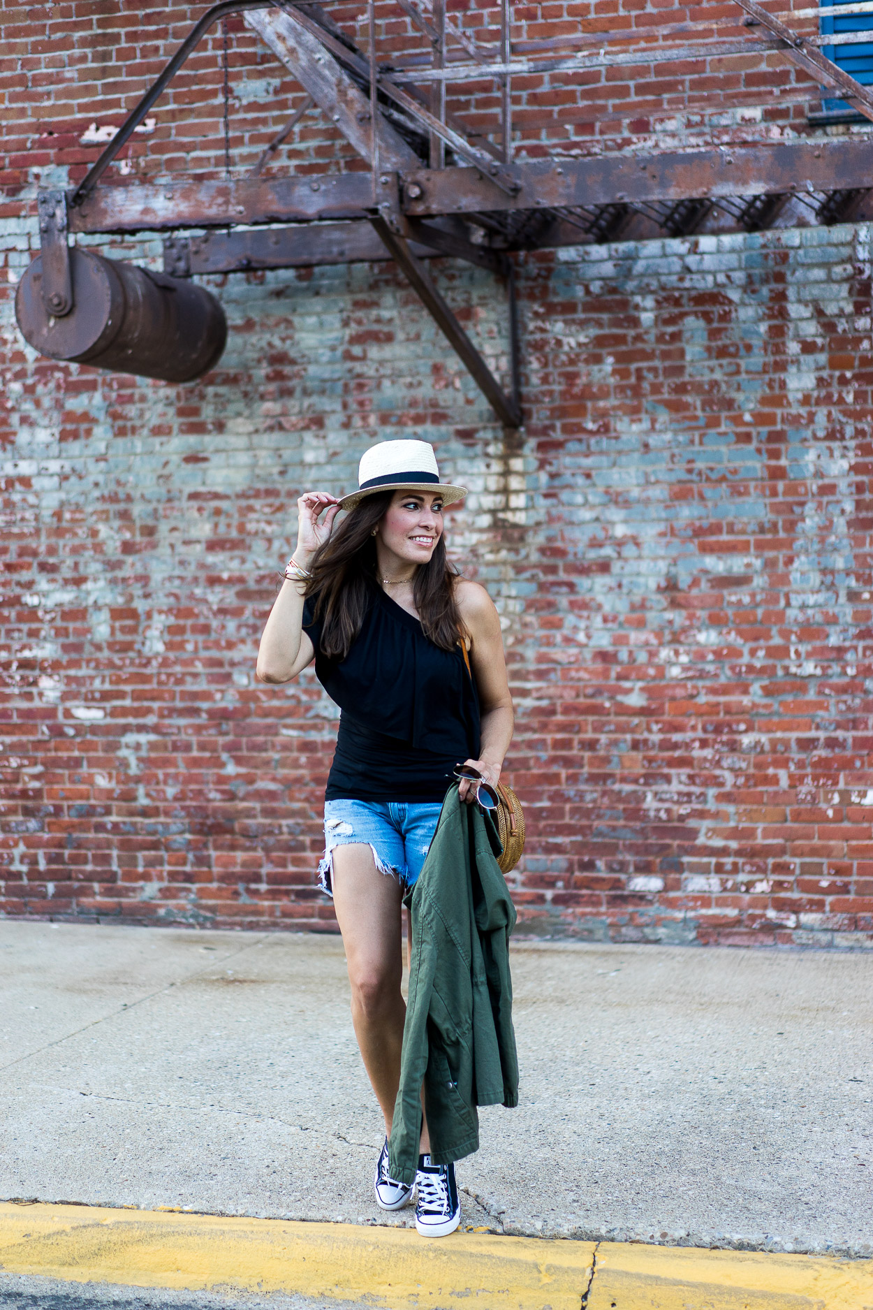 Three Dots ruffle top is an easy Summer outfit styled by South Florida blogger Amanda of A Glam Lifestyle wearing Old Navy utility jacket and Rag & Bone shorts