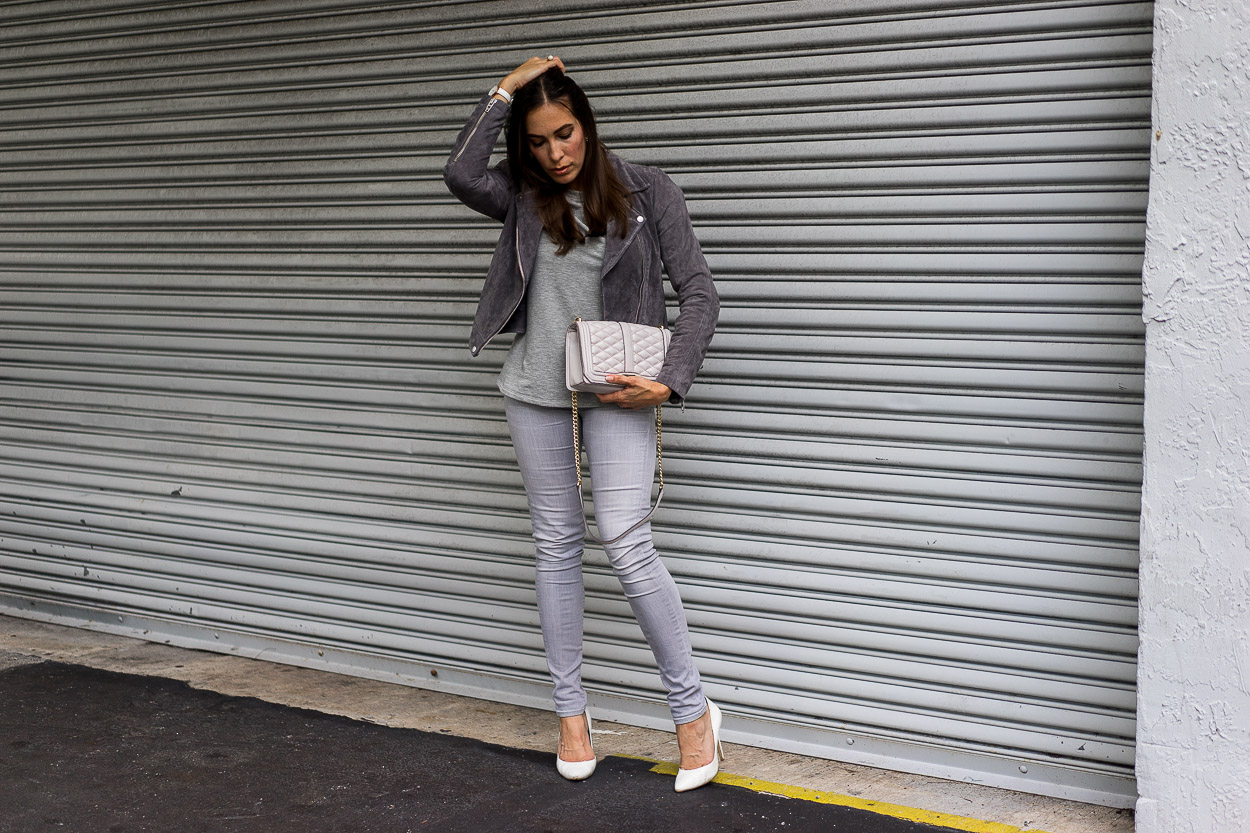 Chic Fall look includes a cozy grey sweater and Blank NYC suede jacket styled by fashion blogger Amanda of A Glam Lifestyle