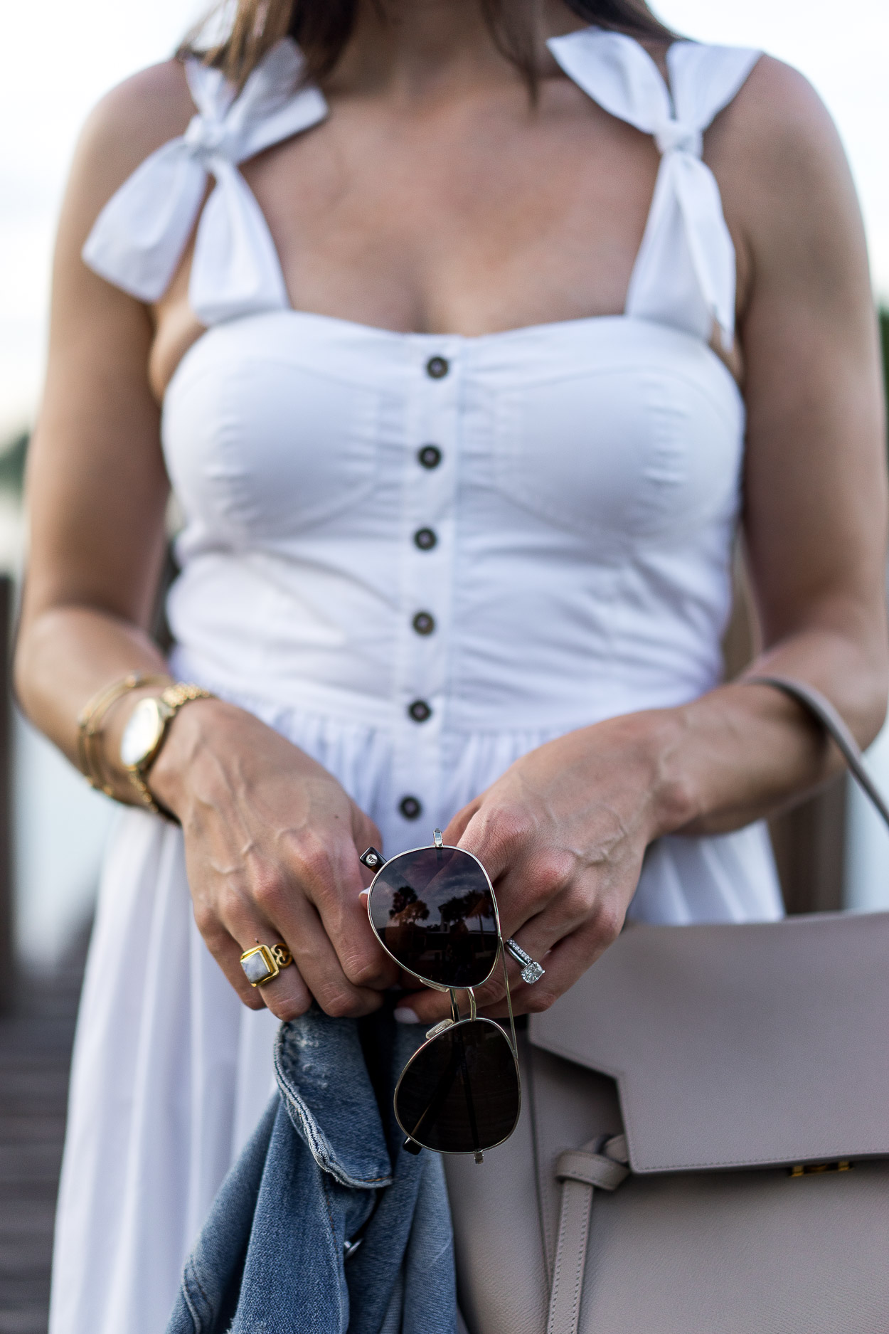 Chicwish white dress styled perfectly with Warby Parker aviators and Celine belt bag by Amanda of AGlamLifestyle blog