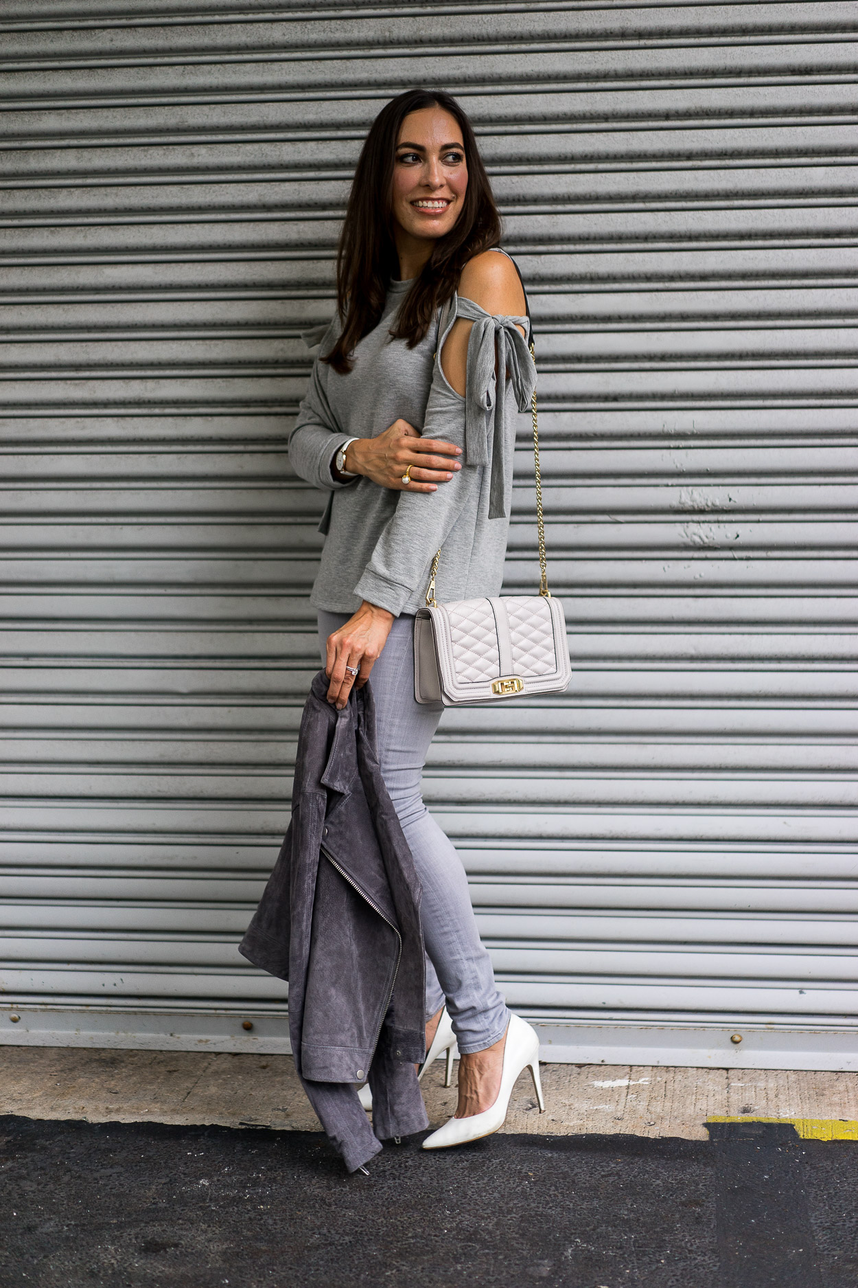 Go monochrome in Fall with a cozy grey sweater and Rebecca Minkoff Love Crossbody bag, both in the Nordstrom Anniversary sale