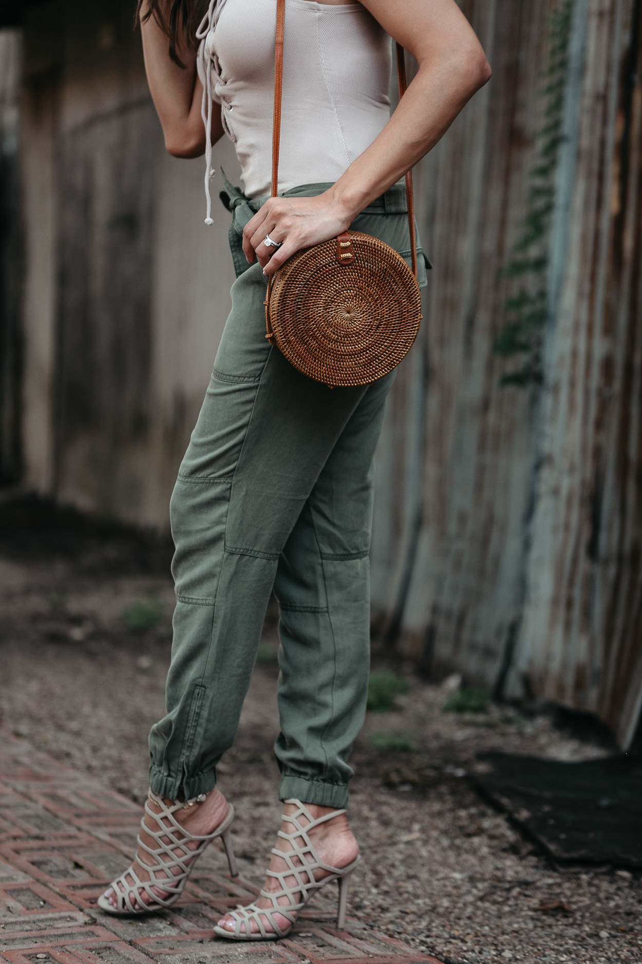 Super soft cargo pants from LOFT are worn with round basket bag by AGlamLifestyle blogger