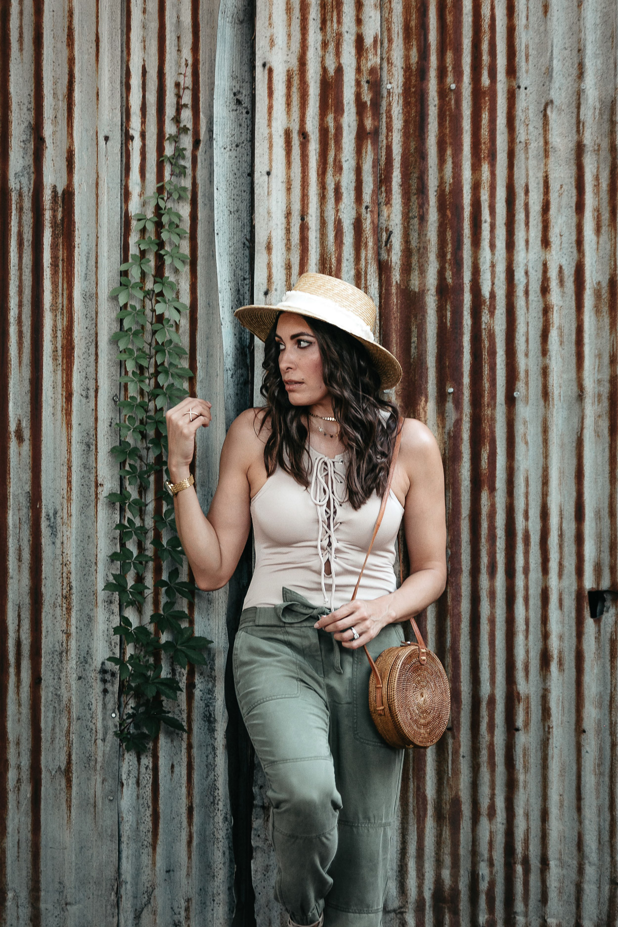 Lace up bodysuit by Tularosa is paired with LOFT cargo pants for a chic Summer look by A Glam Lifestyle blogger Amanda