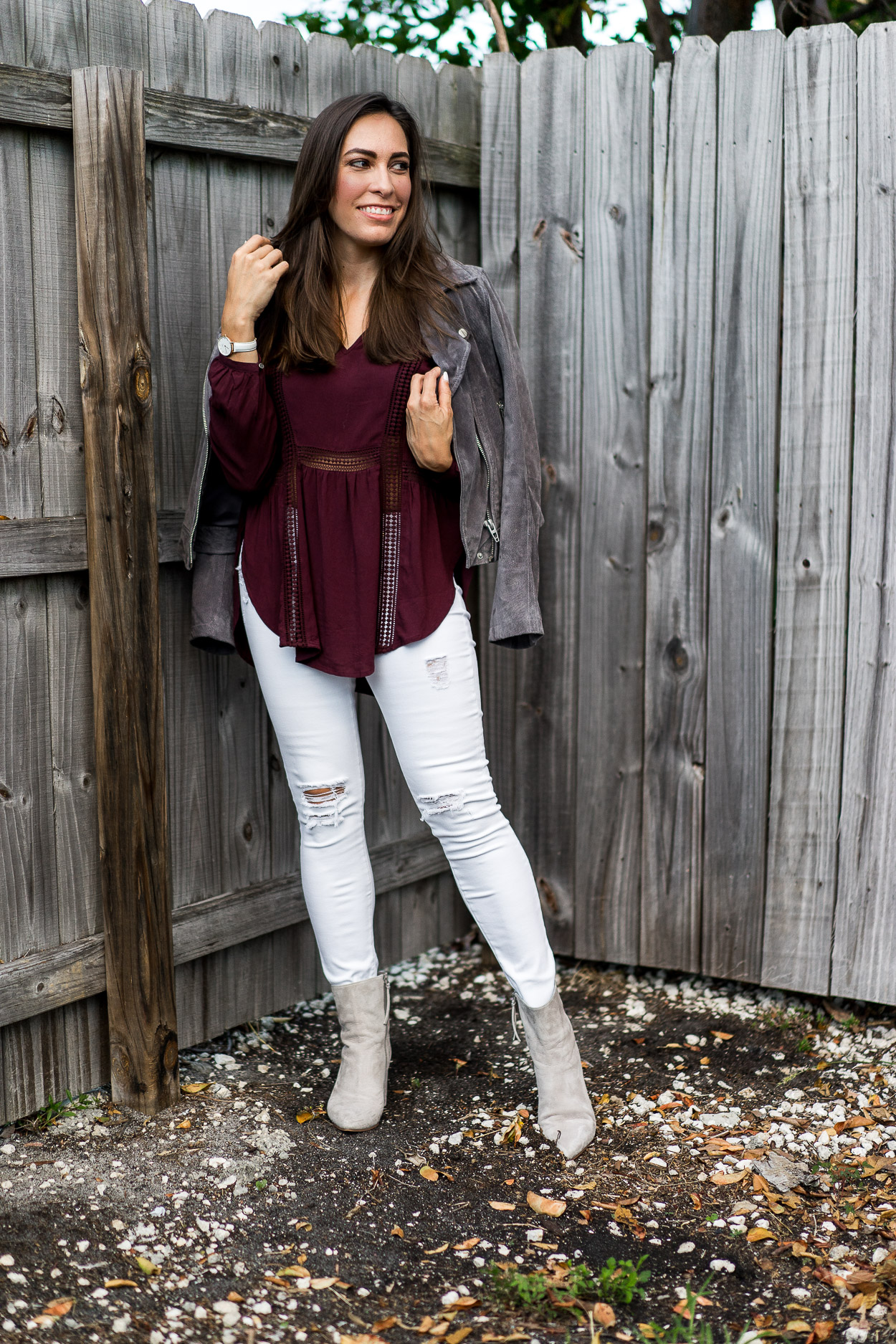 For a casual Fall outfit throw on a pretty Gentle Fawn top with a Blank NYC grey suede jacket and Linea Paolo grey ankle booties