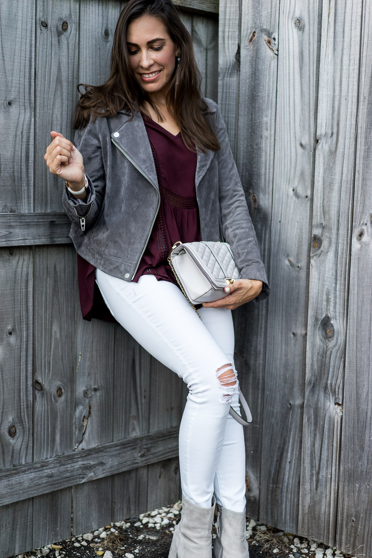BlankNYC grey suede jacket and burgundy Gentle Fawn top pair well for a casual Fall outfit by AGlamLifestyle