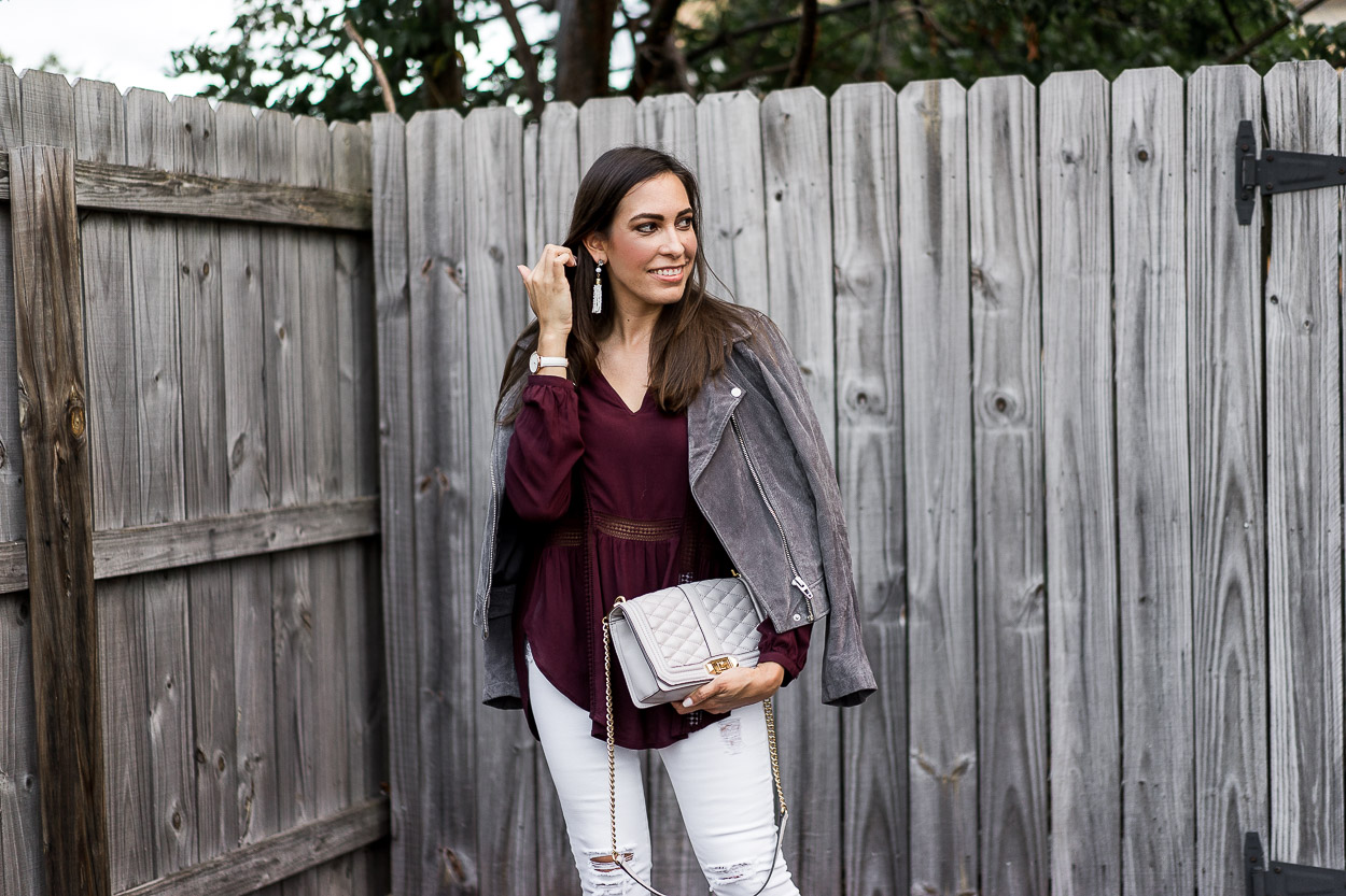 Casual Fall outfit is paired with SugarFix x Baublebar earrings and Gentle Fawn top for a light layer