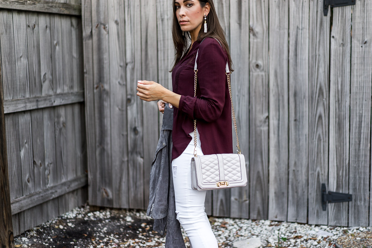 Blogger AGlamLifestyle wears casual Fall outfit of Gentle Fawn top paired with SugarFix x Baublebar earrings