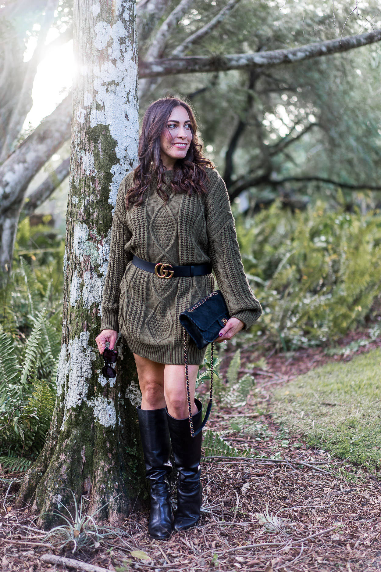 Army green Chicwish sweater dress is styled by Amanda of A Glam Lifestyle blog with her Gucci Double G belt, Chanel black bag and M Gemi boots