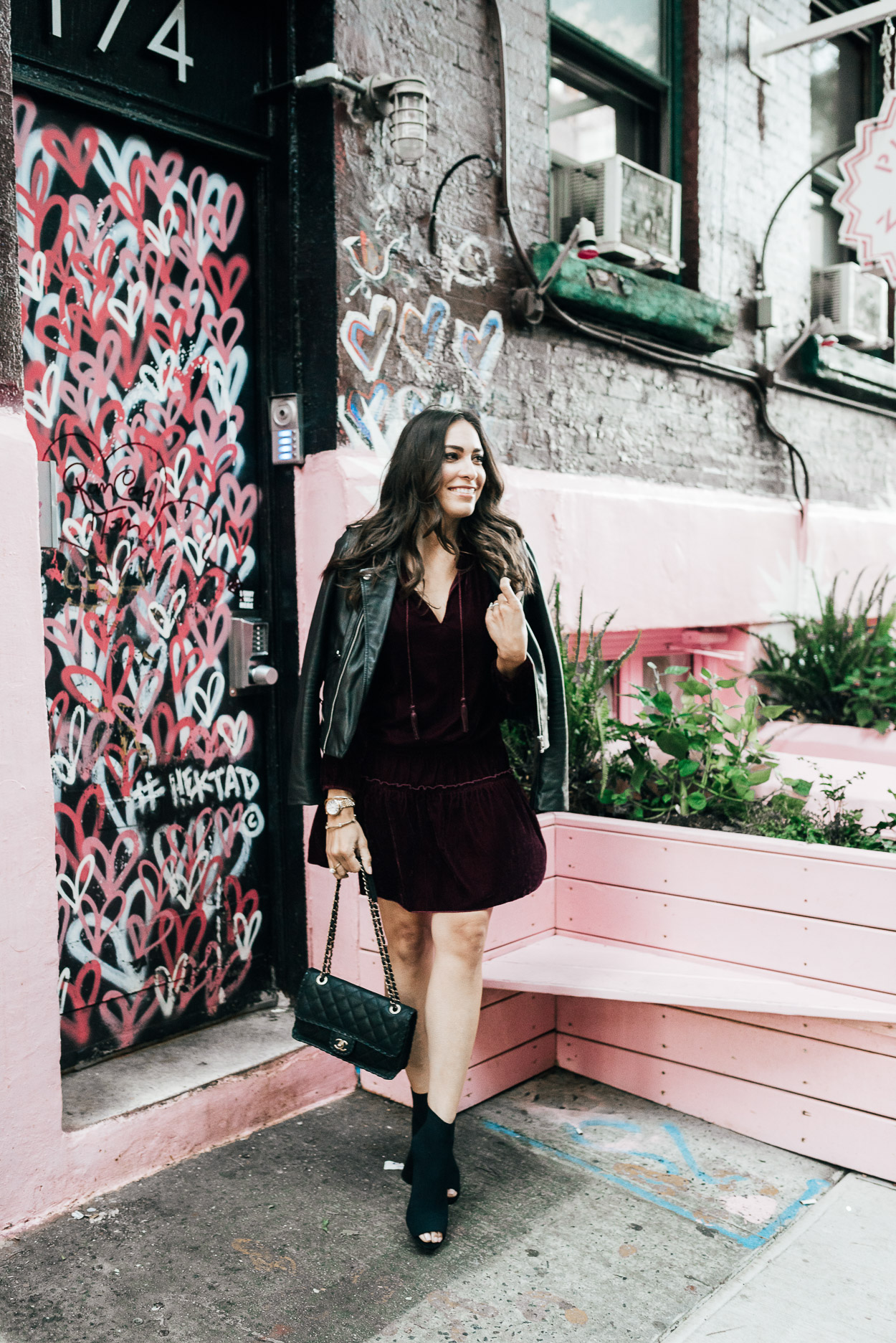 AGlamLifestyle blogger visits NYC hotspot Pietro Nolita wearing Ella Moss dress for the velvet dress trend during NYFW