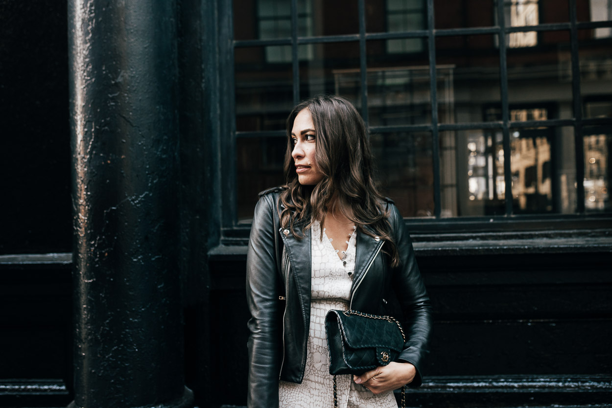 Maje leather jacket is paired with Gentle Fawn Elijah faux wrap dress during NYFW