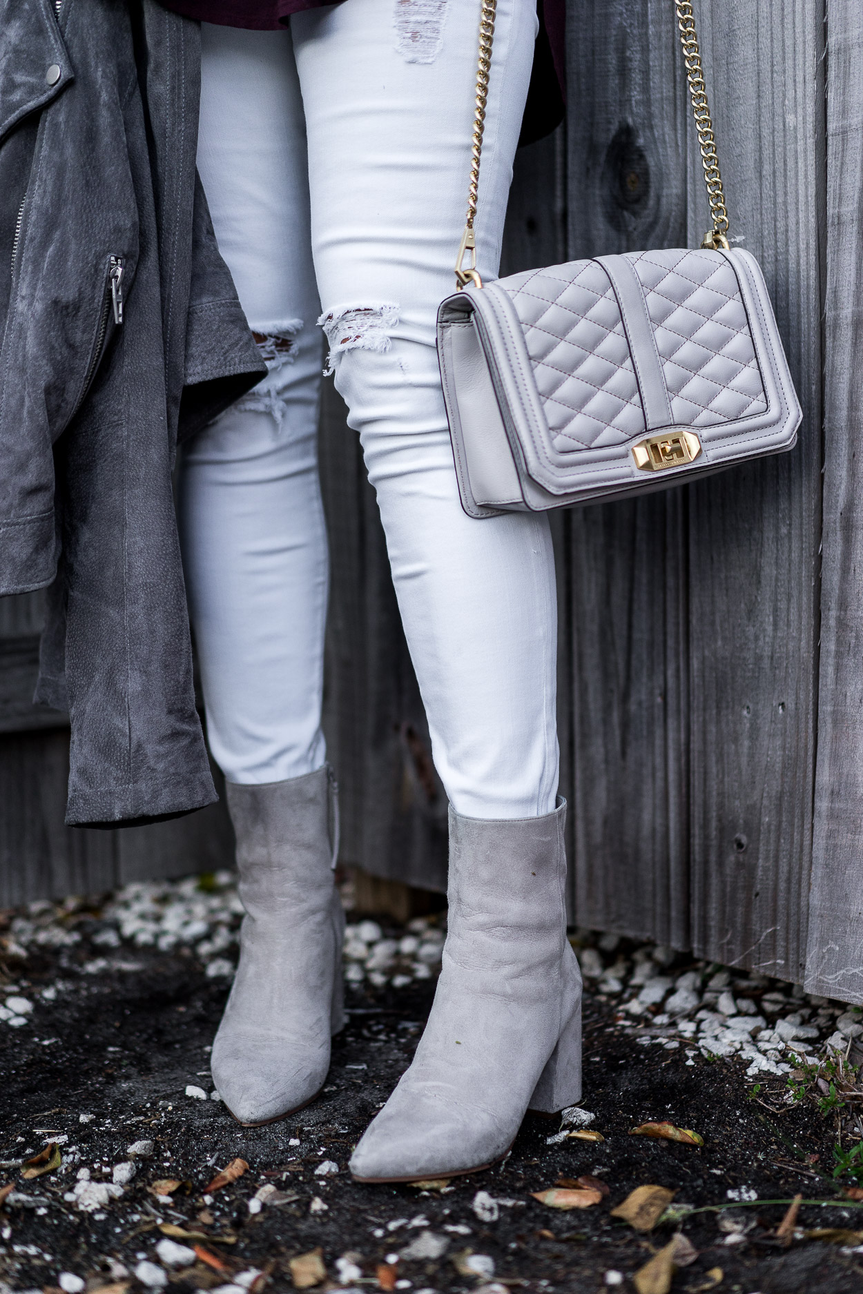 Casual Fall outfit is finished with Rebecca Minkoff Love Crossbody and Linea Paolo grey ankle booties