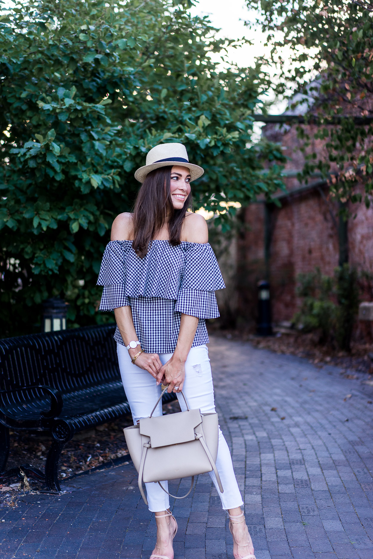 Pretty Wayf gingham top can be worn with white distressed denim to transition an off the shoulder top from Summer to Fall