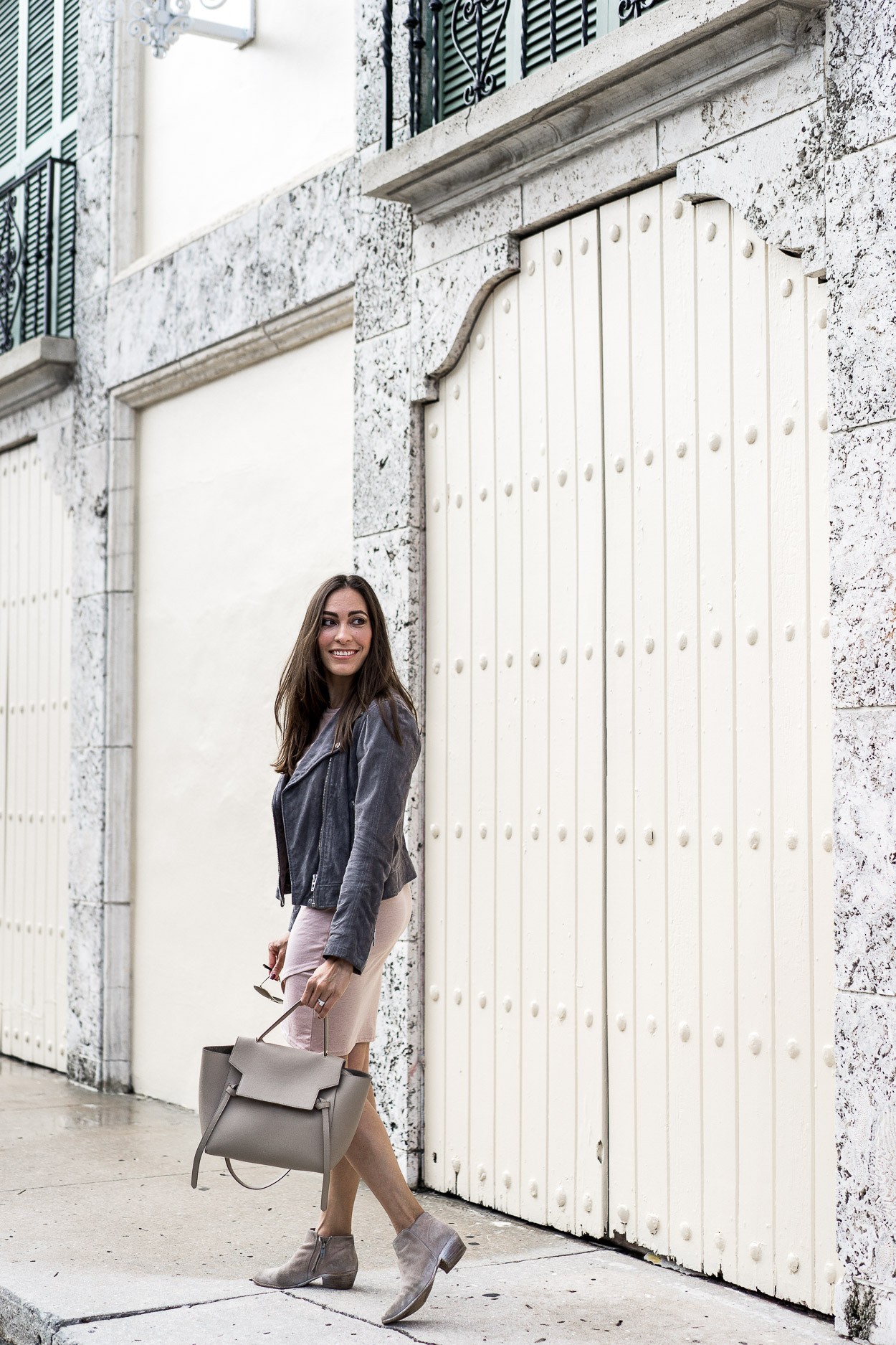 A Glam Lifestyle blogger pairs BlankNYC suede jacket with blush Leith dress for birthday celebrations