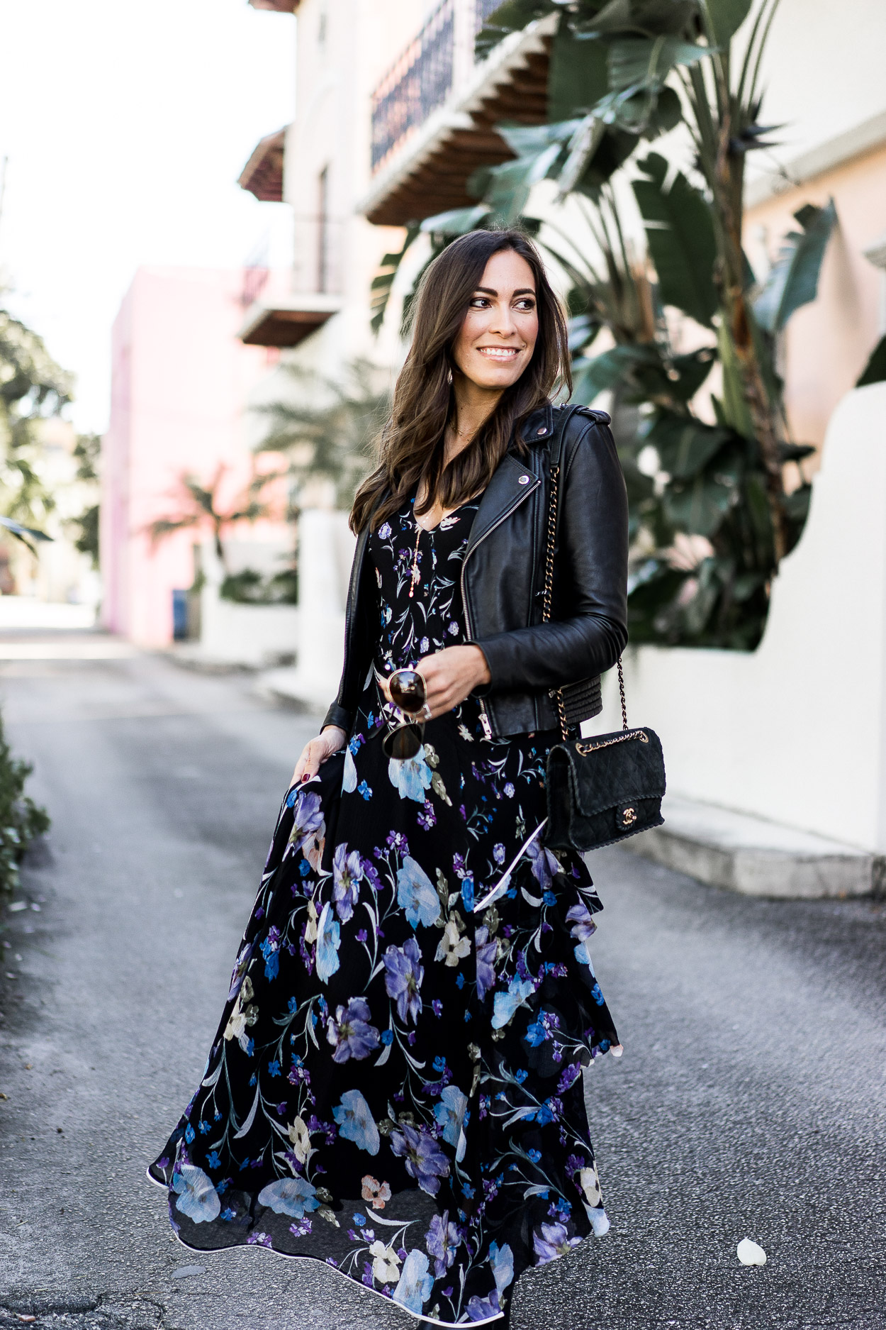 Easy brunch outfits include maxi dresses and leather jackets a la fashion blogger A Glam Lifetsyle