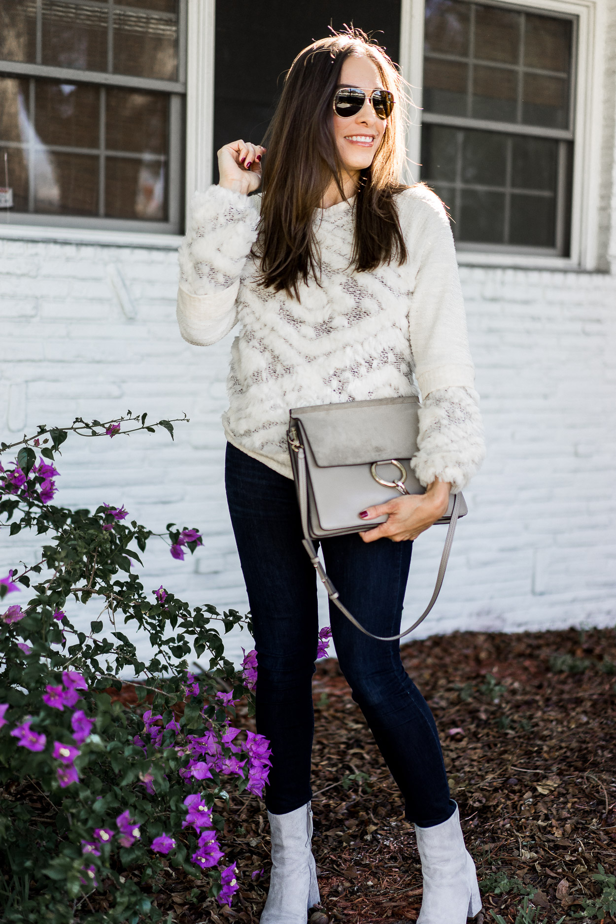 woman wearing textured Anthropologie sweater