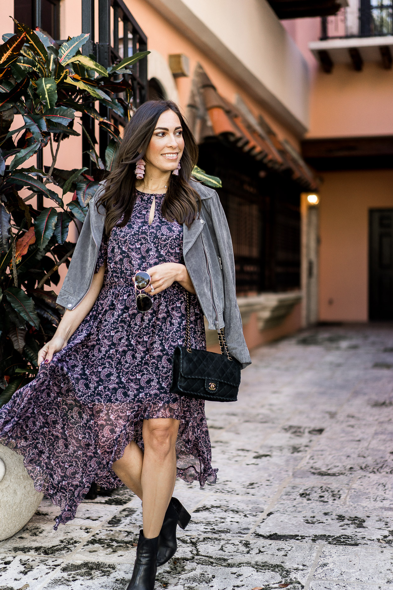 Joie Agnek hi low floral dress styled by fashion blogger A Glam Lifestyle for winter date night outfits