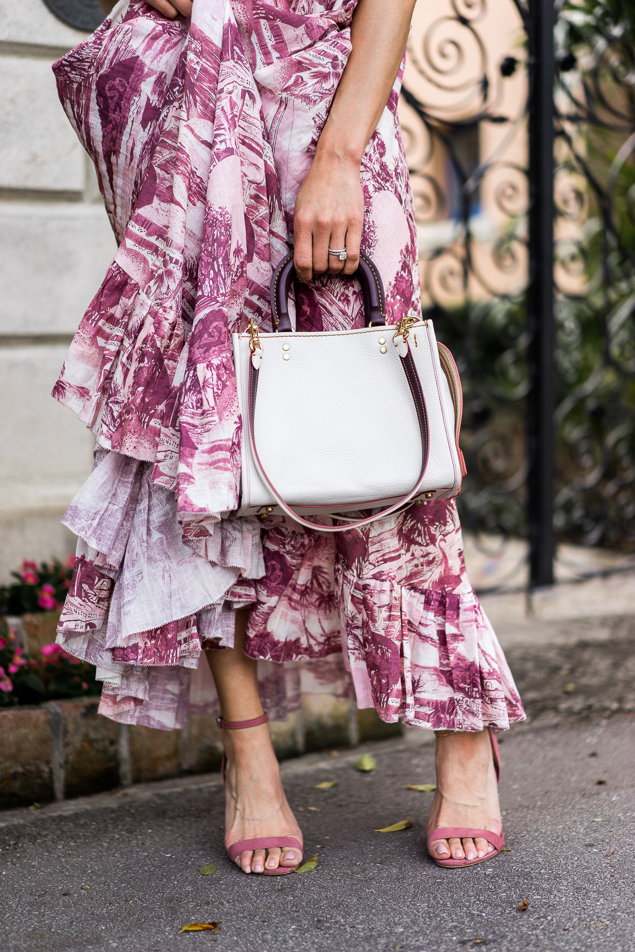 Chic white accessories and pops of pink like this Zimmermann maxi dress make great Palm Beach style