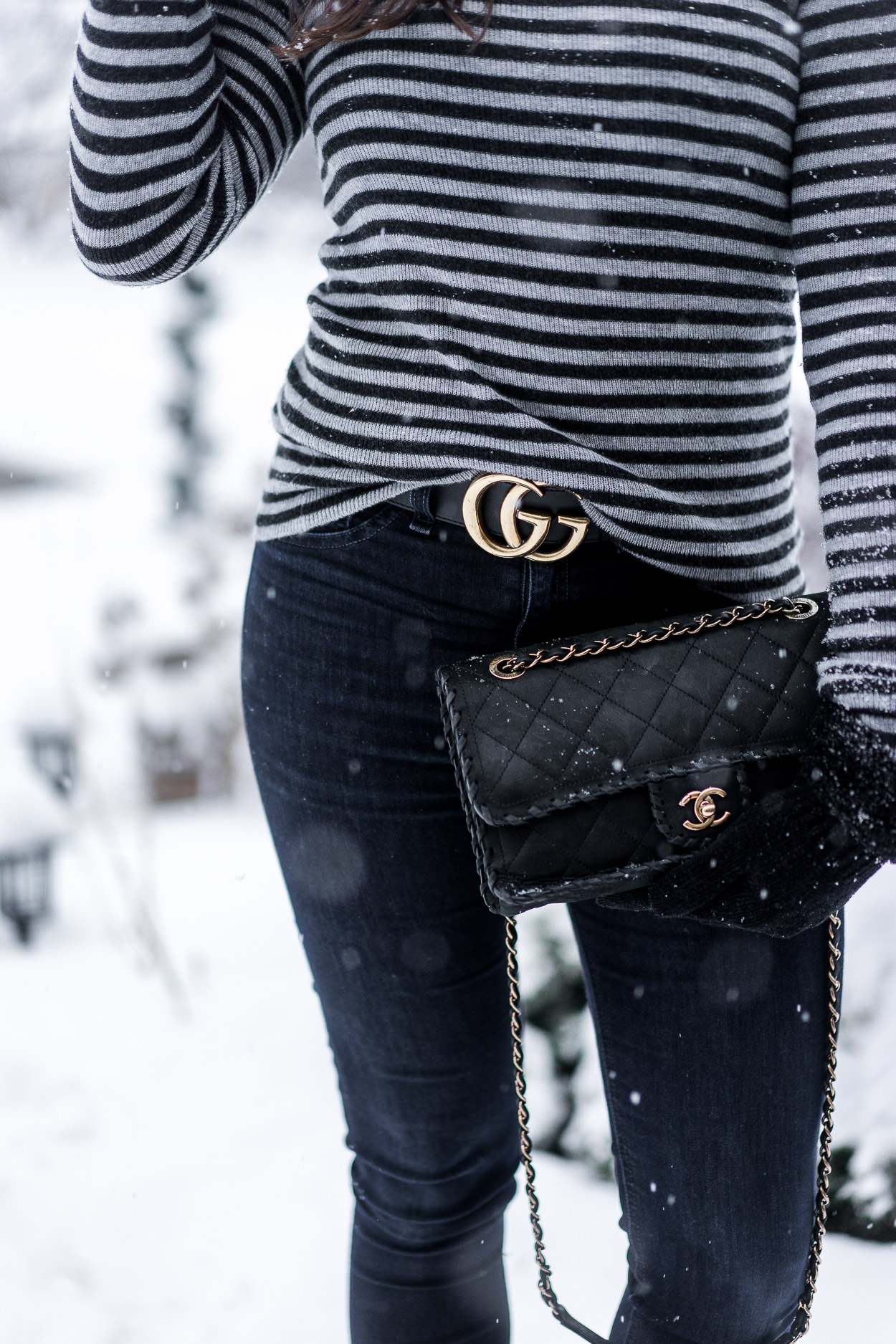 Vince Sweater, suede Chanel bag and Gucci Marmont belt