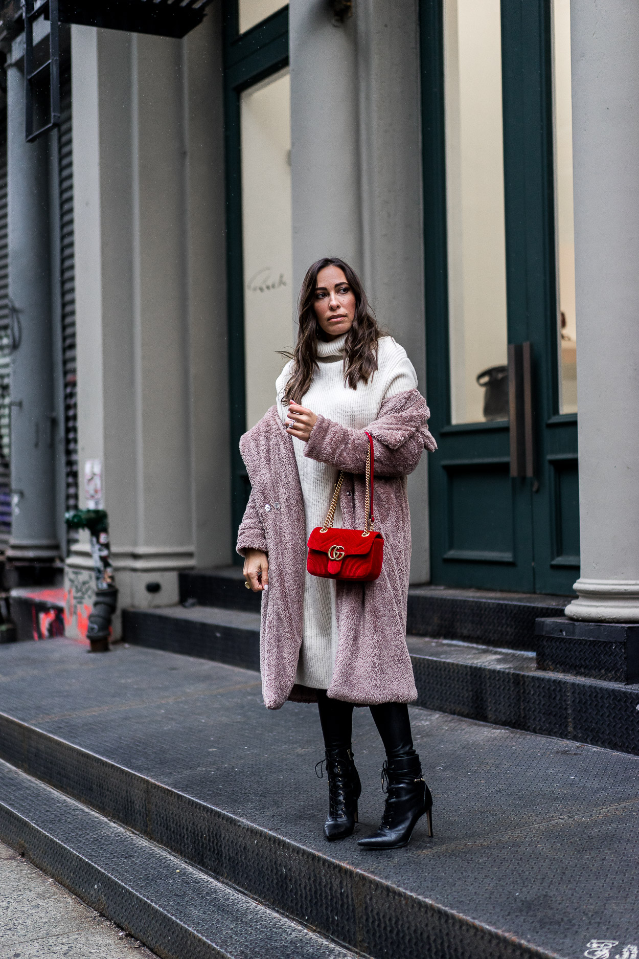 Lovers + Friends faux teddy coat with her new Gucci marmont bag