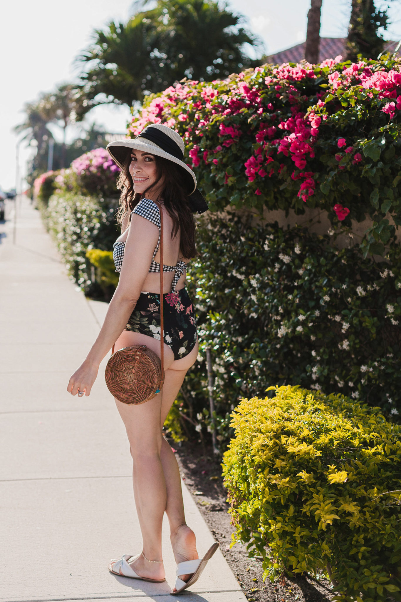 Montce Swimsuit gingham cabana top with the floral high rise bottoms