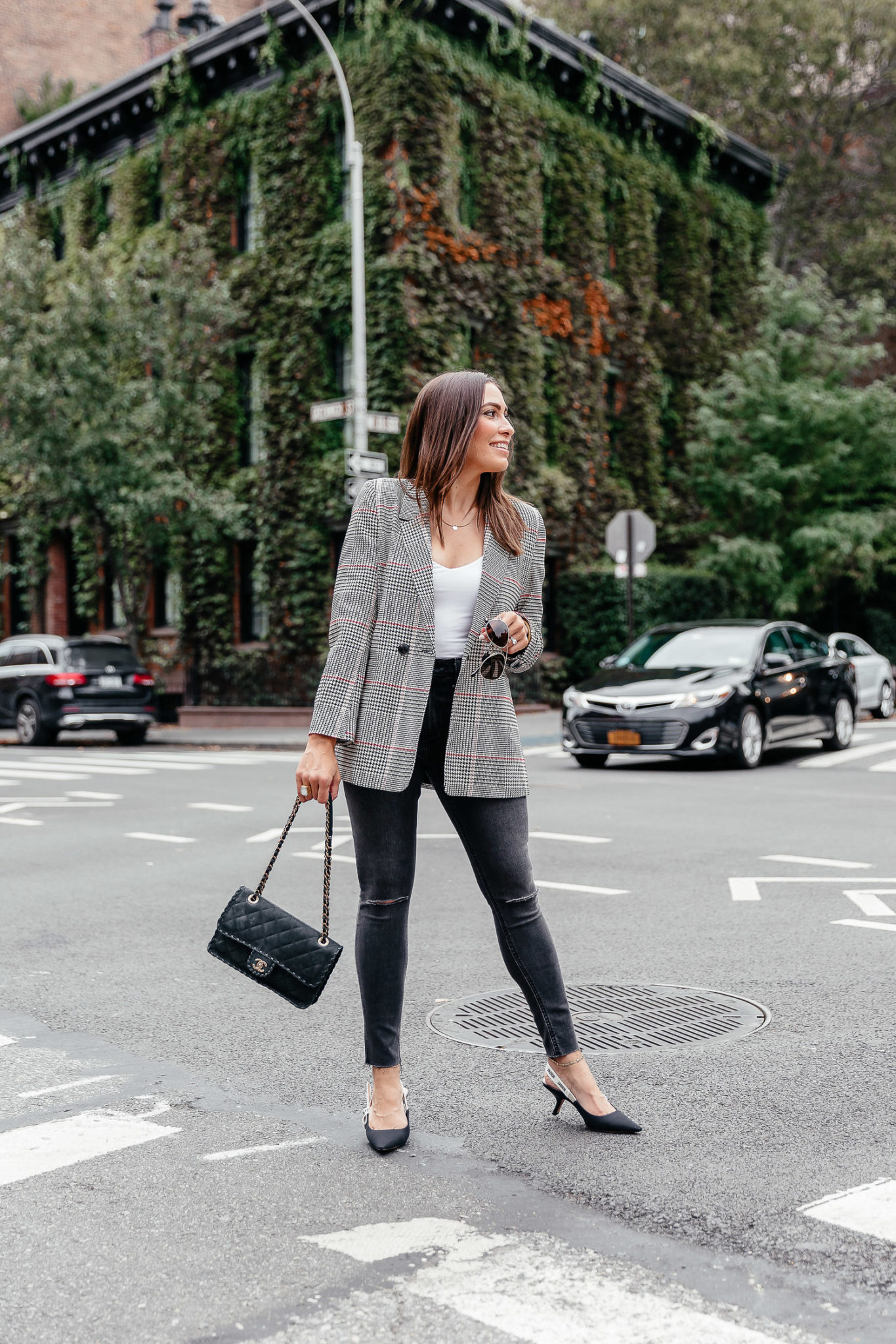 Plaid blazer and jeans outfit