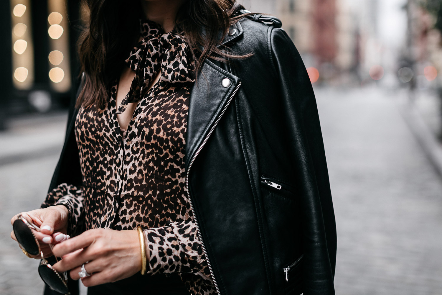 Paige leopard tie neck blouse and leather jacket