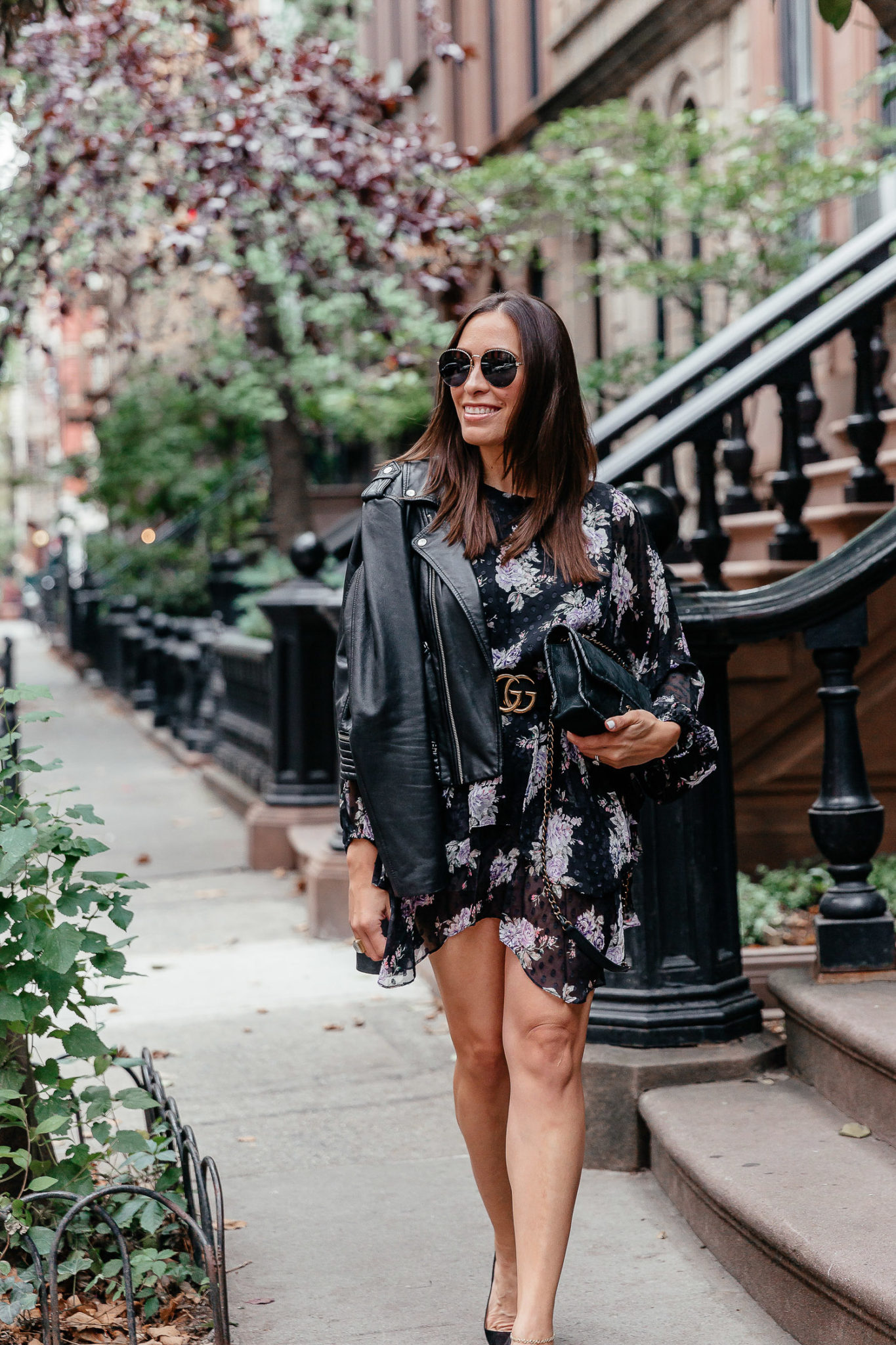 flowy mini dress and black leather jacket