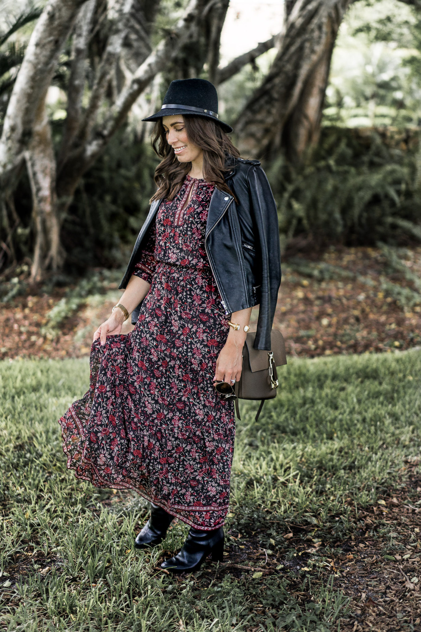 maxi dress and leather jacket outfit