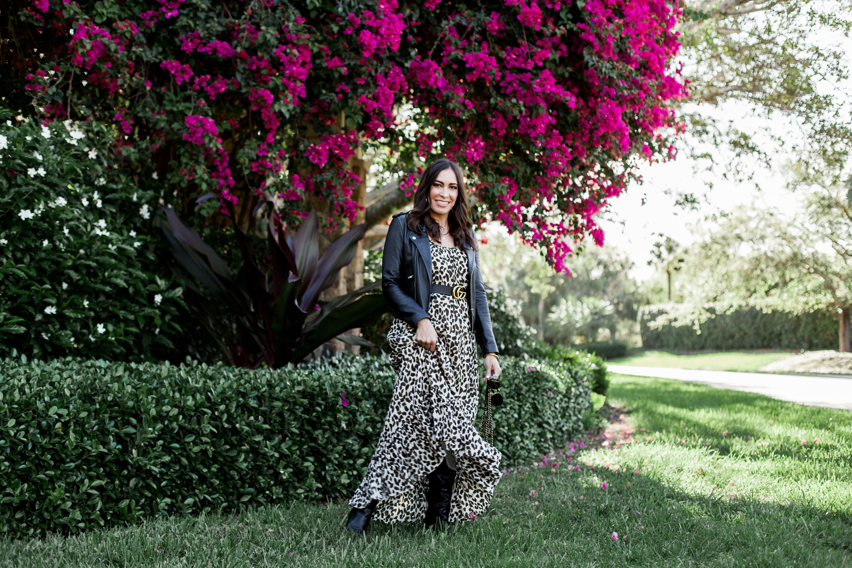 leopard dress with leather jacket