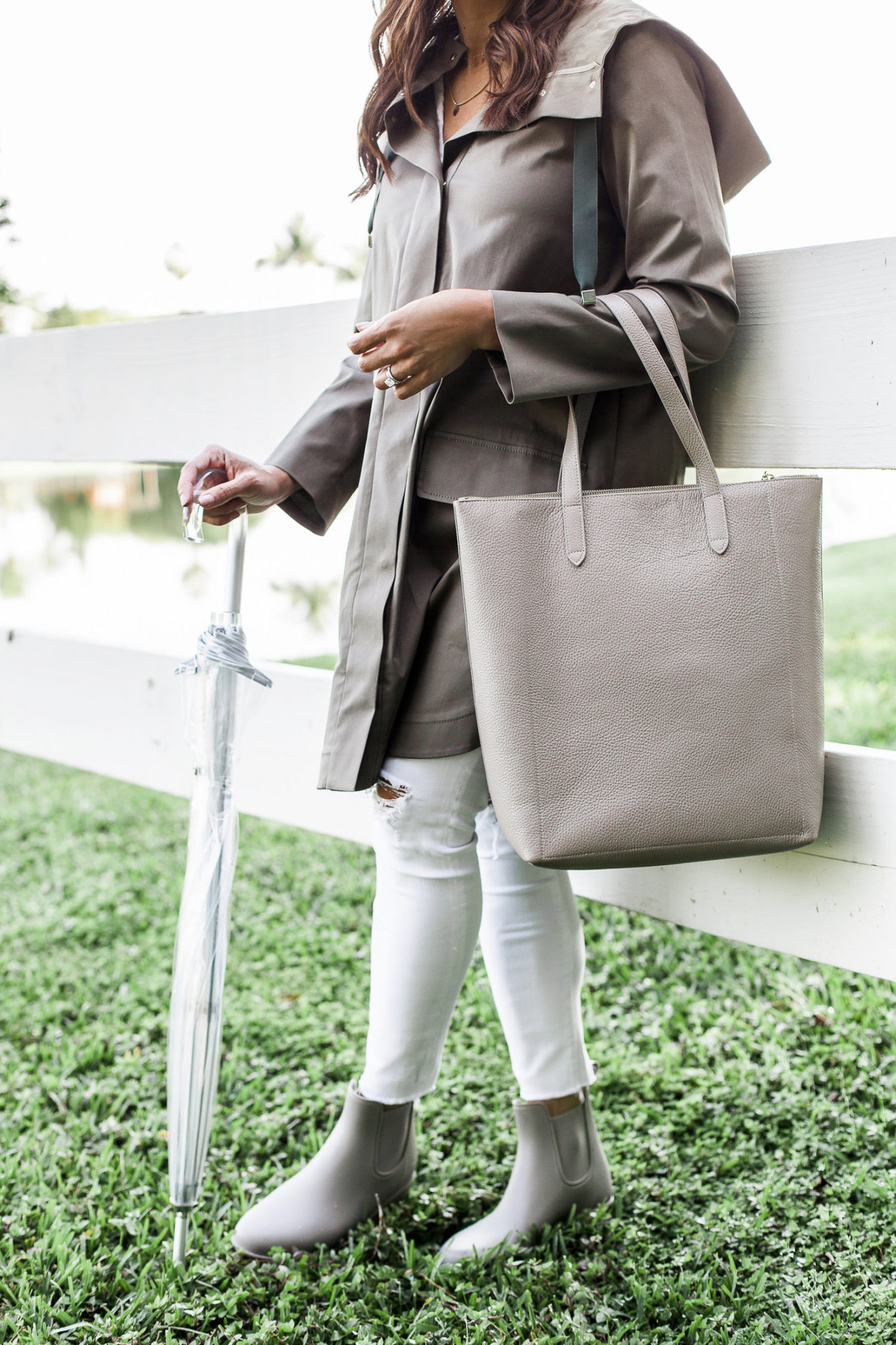 anorak and leather tote