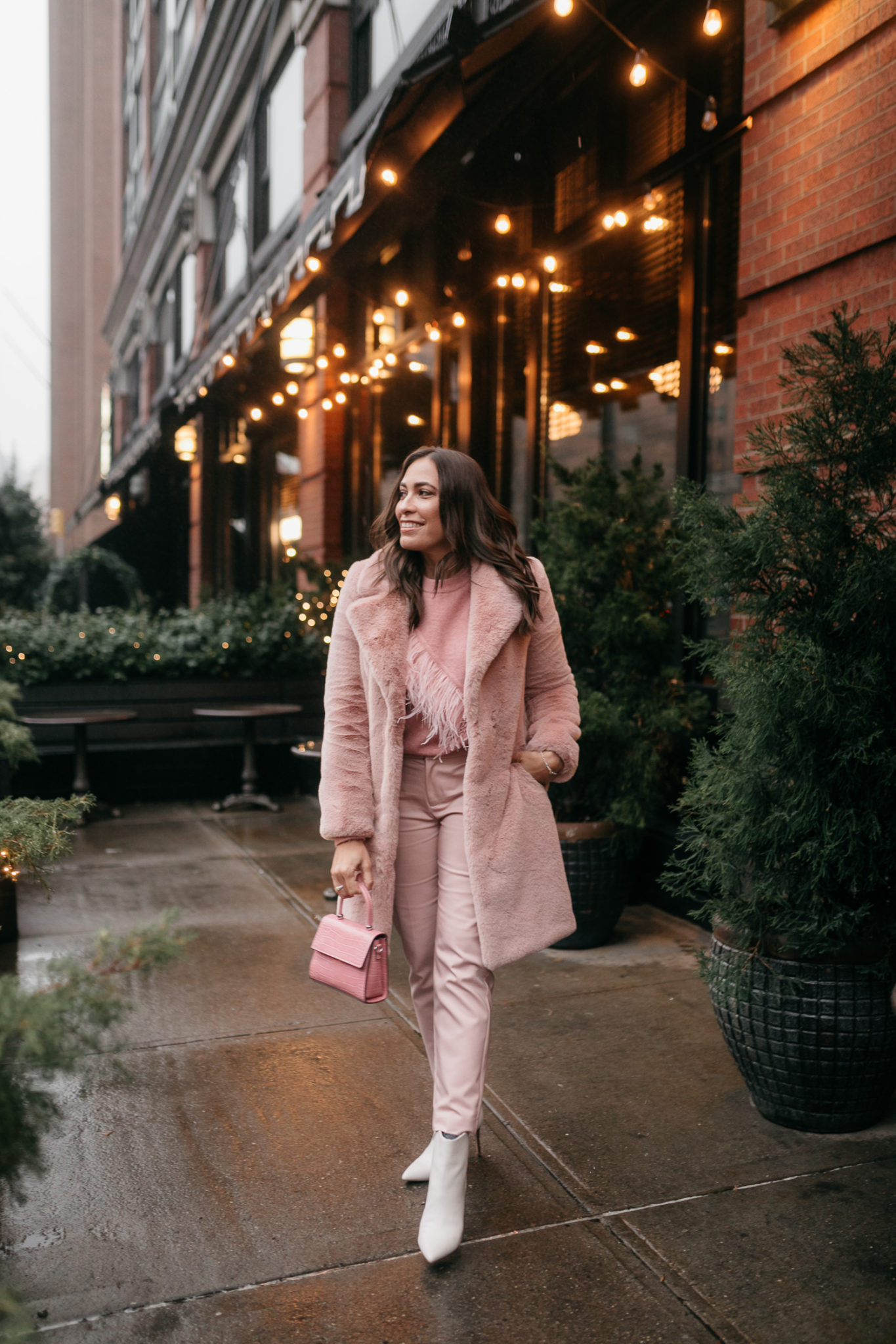 blush faux fur coat