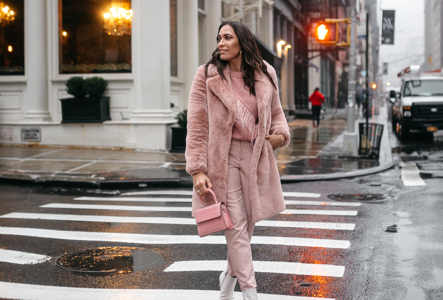 Amanda wears a blush monochrome look at day two of NYFW in Soho
