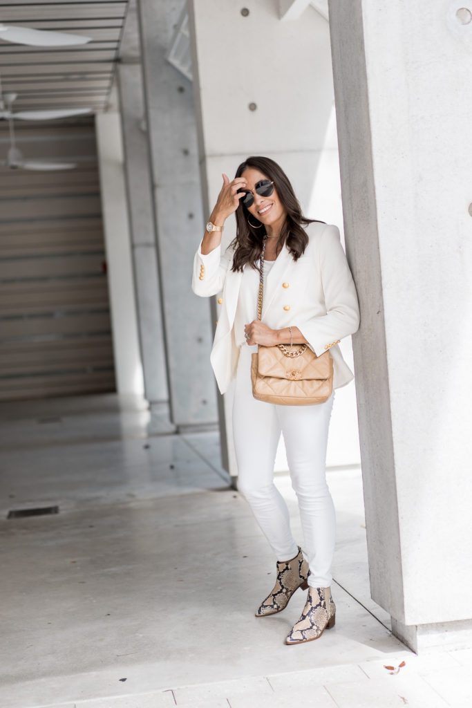 all white and camel outfit for Chanel Bag Outfit Ideas