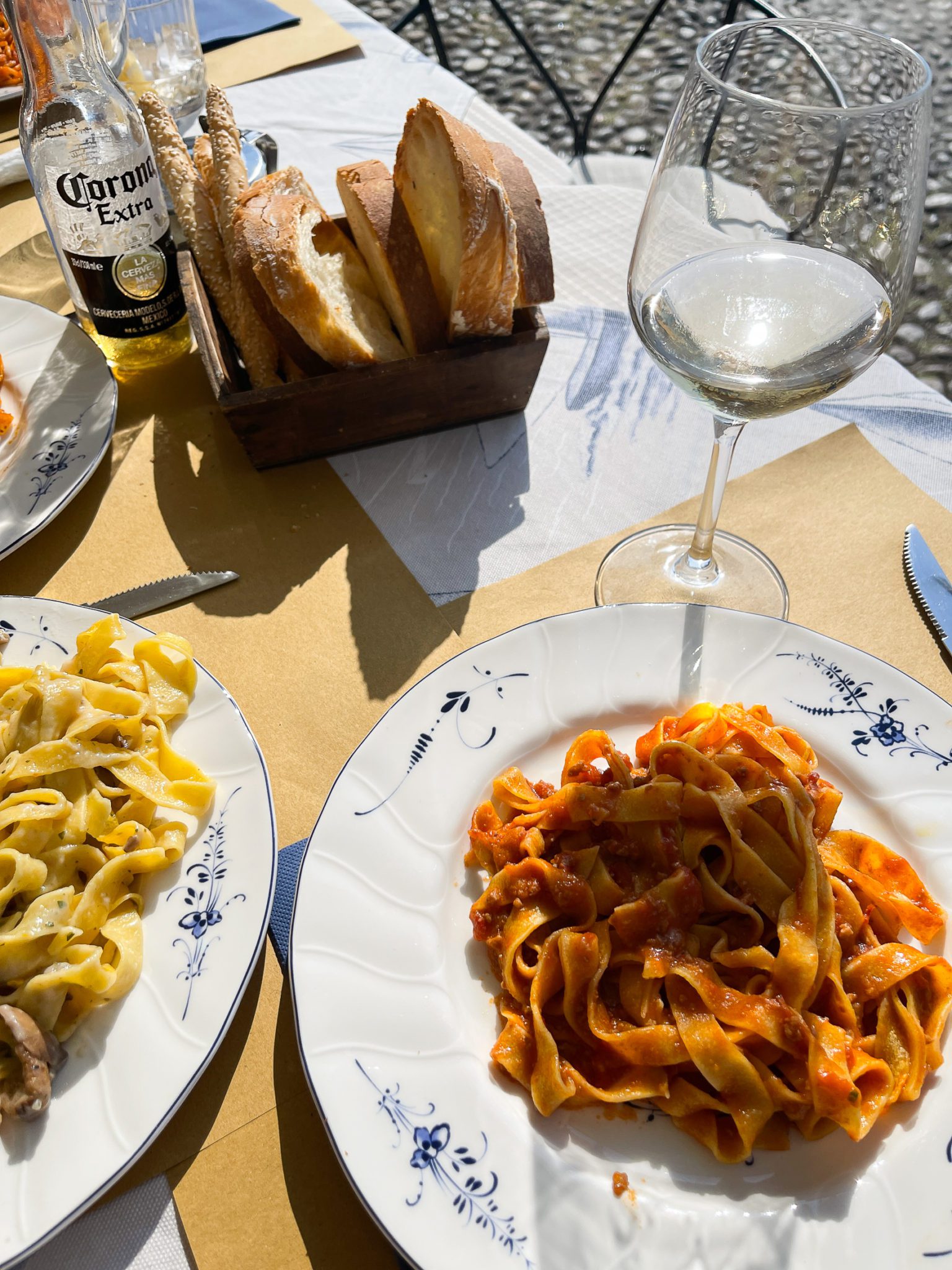 pasta and bread on a table 