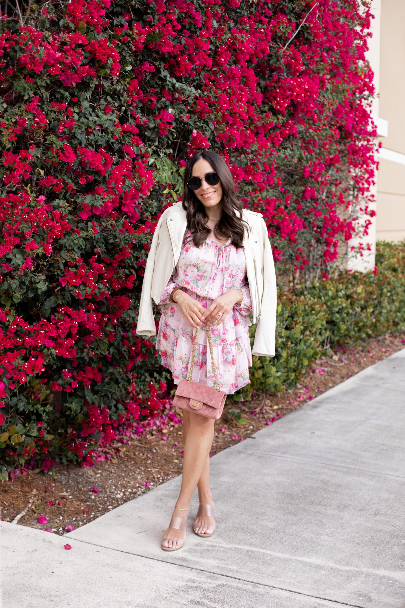 leather jacket and floral dress spring outfit